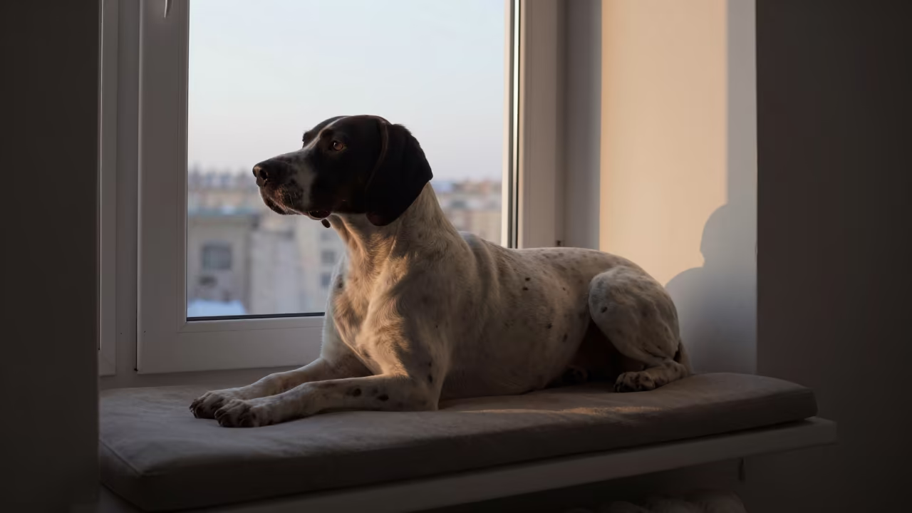 Pudelpointer Portrait on Window Seat in Namangan in on a cushioned window seat with soft side light and an uncluttered background near Namangan