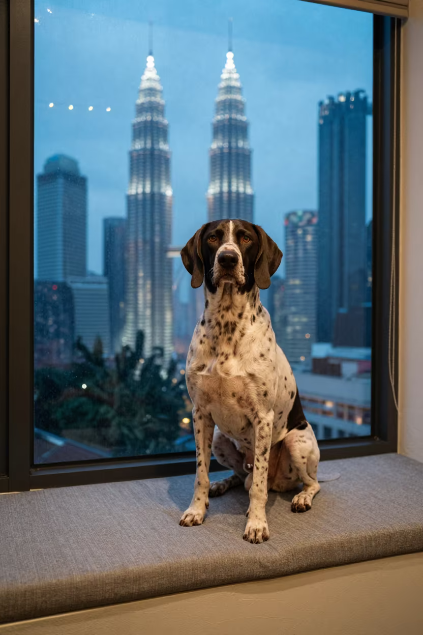 Pudelpointer Portrait on Window Seat in on a cushioned window seat with soft side light and an uncluttered background in Little India, Kuala Lumpur