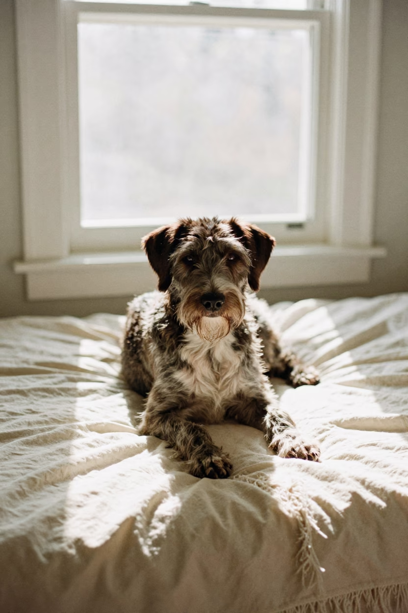 Pudelpointer Resting on Bedspread Near Window in on a bedspread near a bright window with calm indoor light in Petah Tikva