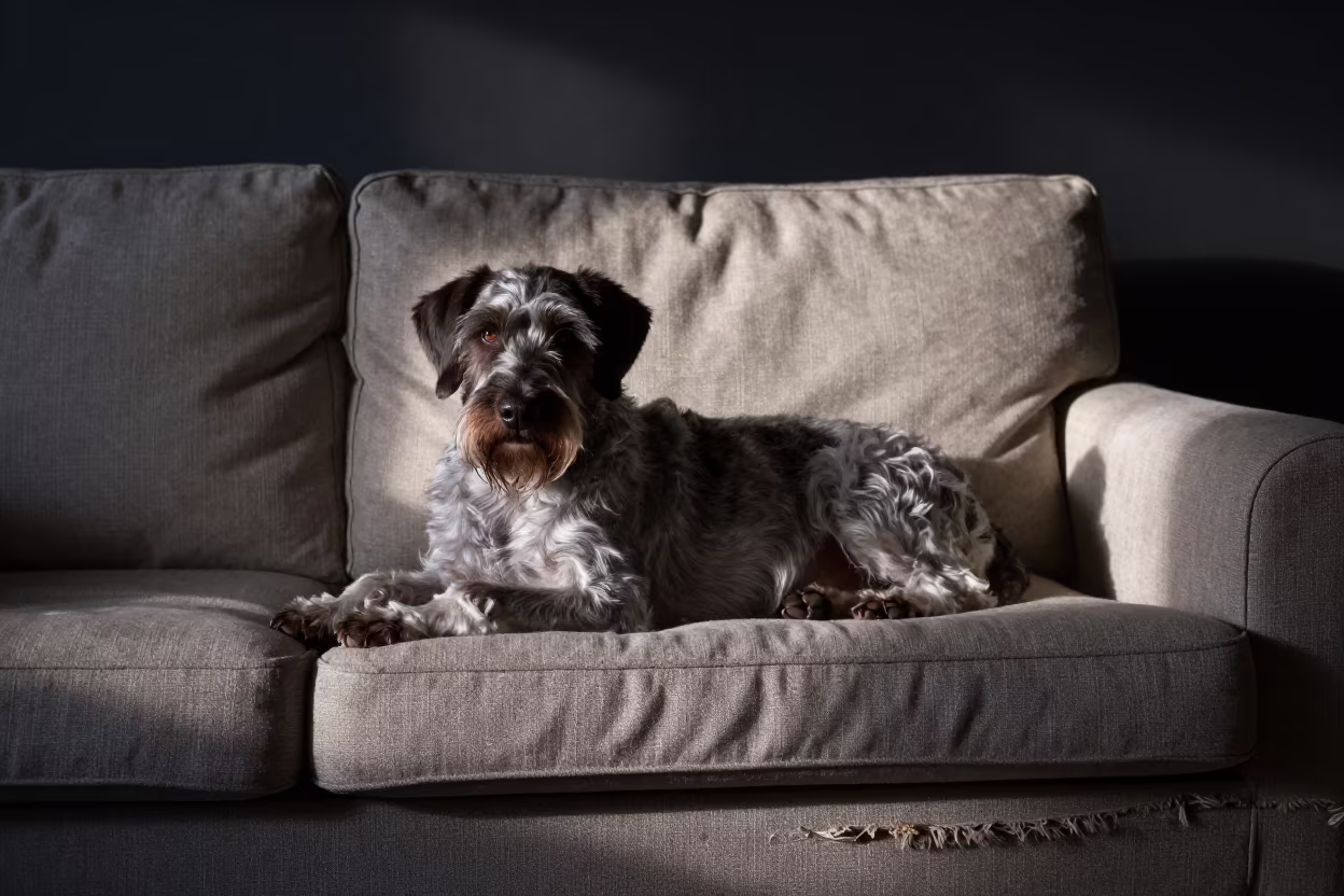 Pudelpointer Resting on Linen Sofa in Morning Light in on a linen sofa with daylight from a nearby window near Chihuahua