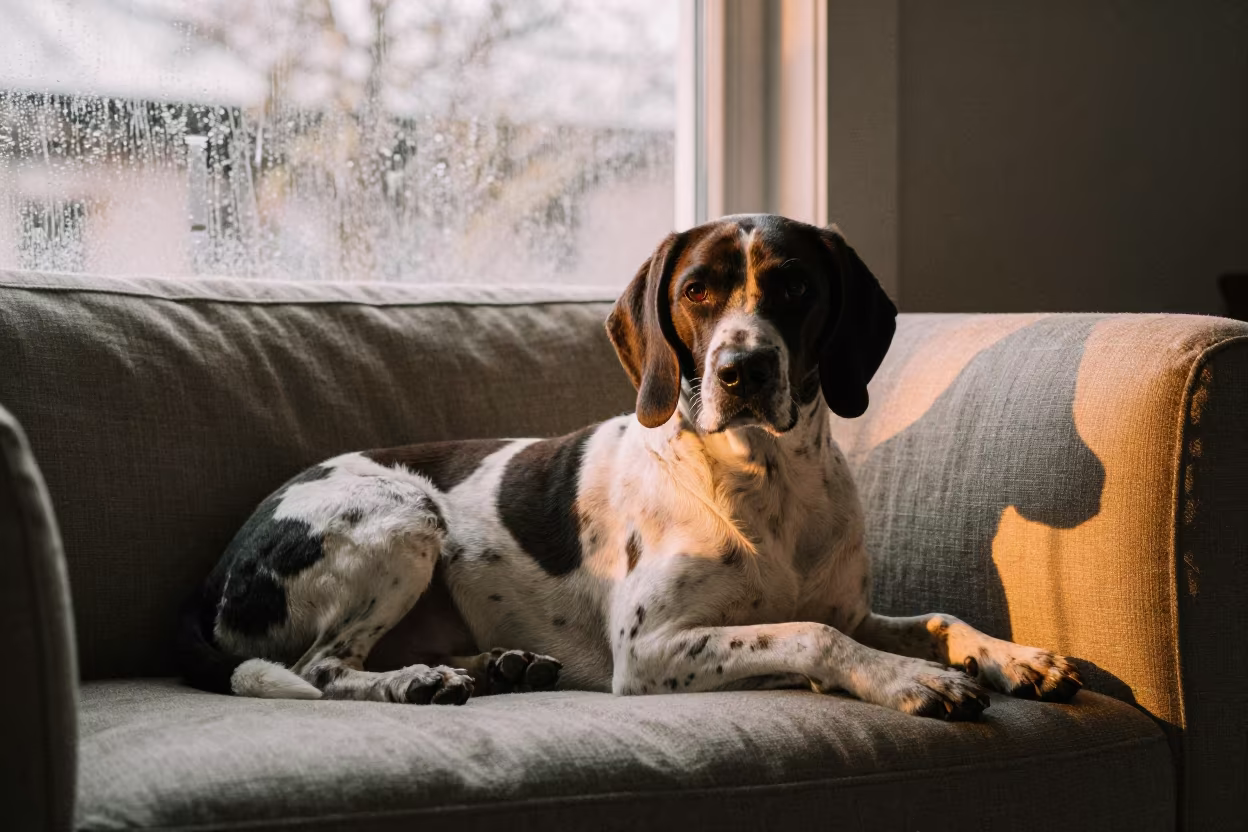 Pudelpointer Resting on Linen Sofa in Rimini in on a linen sofa with daylight from a nearby window in Rimini