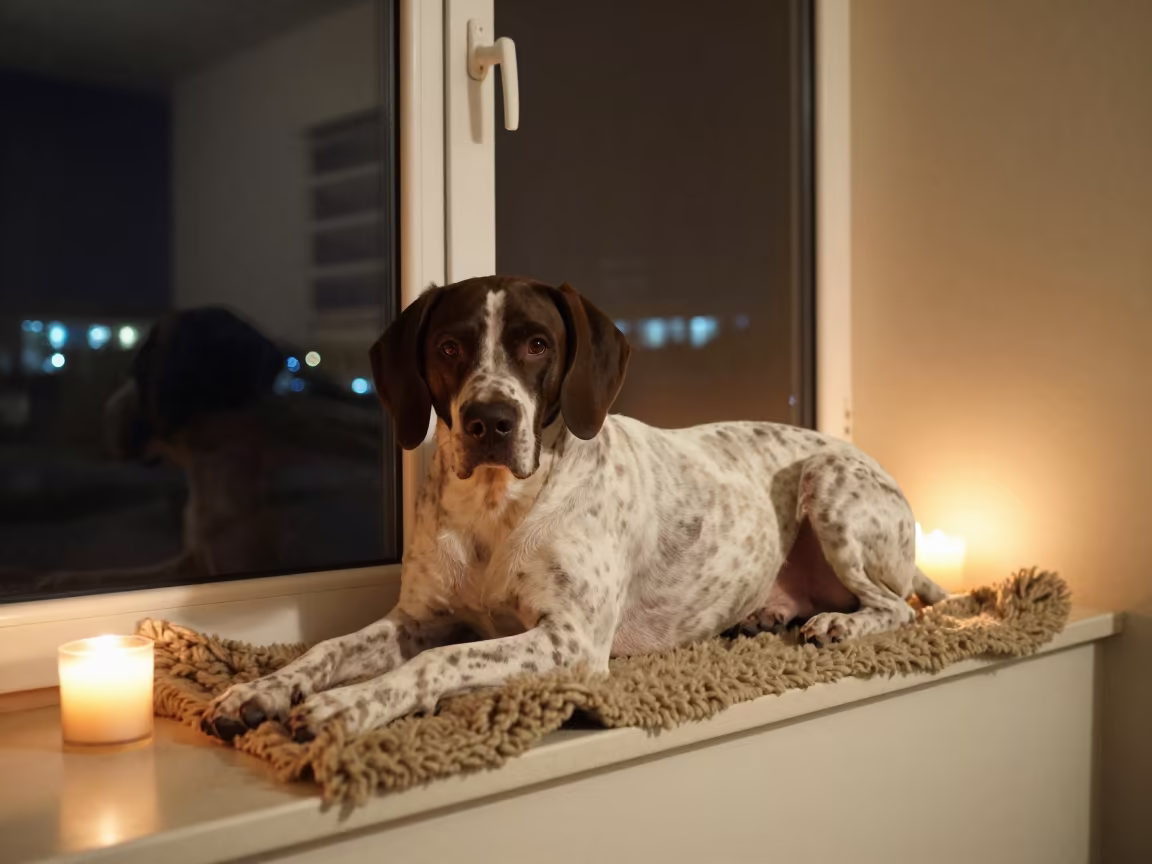 Pudelpointer Resting on Window Seat in Asyut in on a window seat in a quiet apartment with soft side light in Asyut