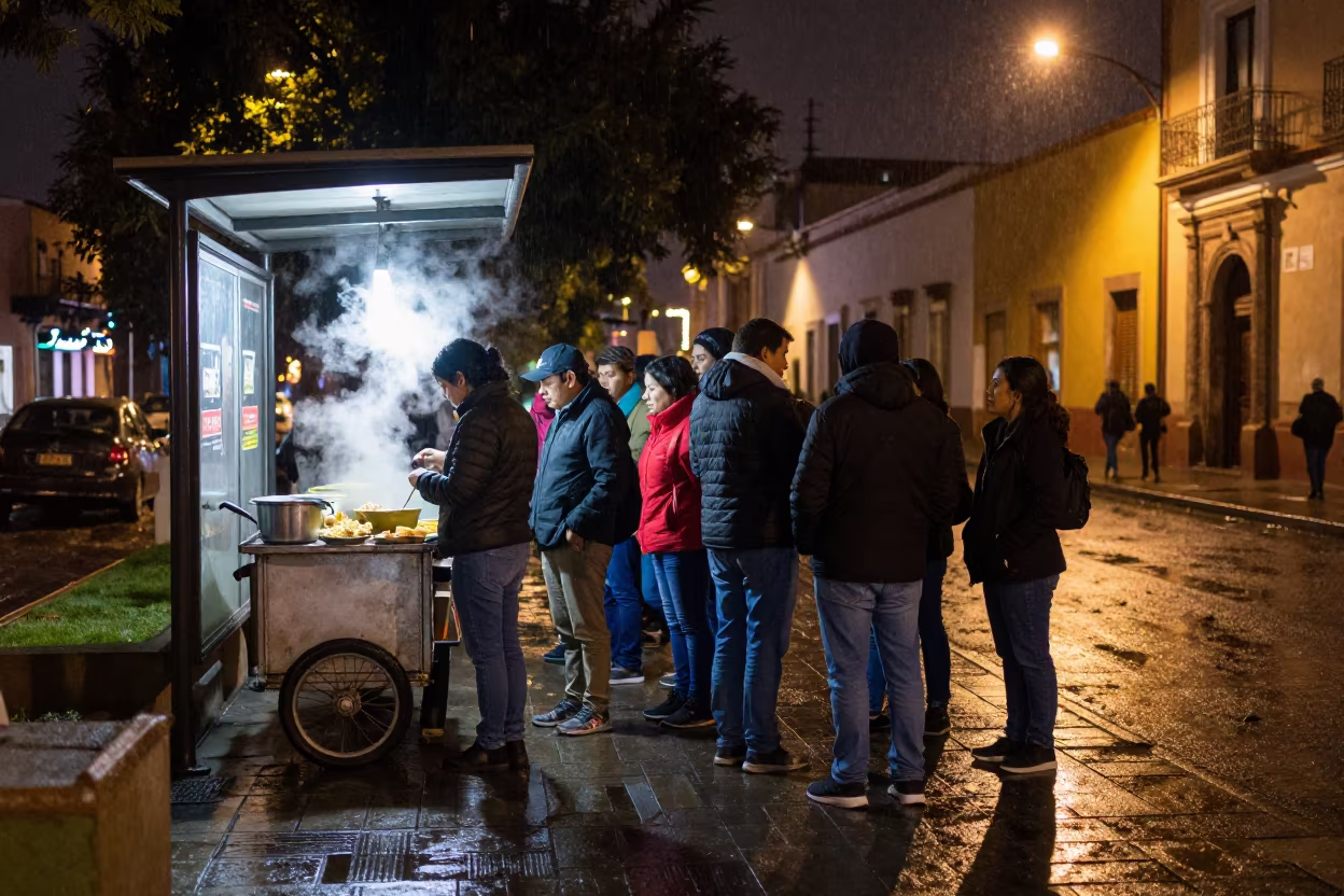 Noodle Queue in Puebla Alley Night Mist in beside a steamed-up bus shelter in Puebla