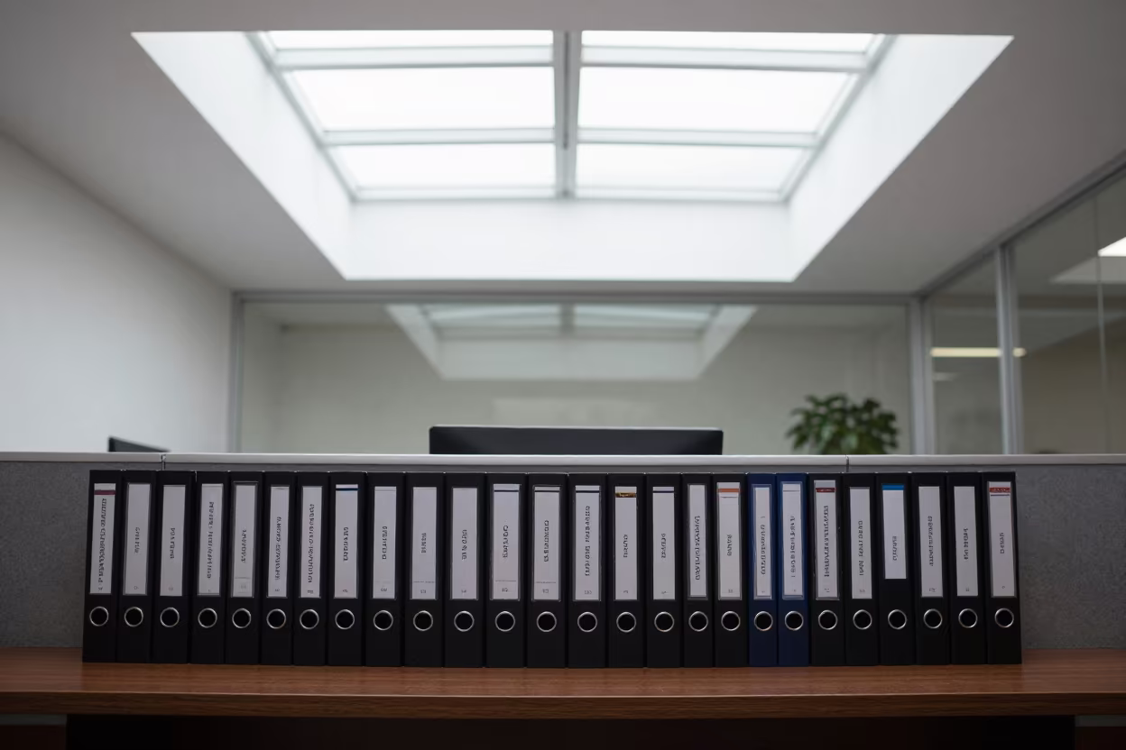 Puebla Boardroom Binder Shelf Under Skylight in at a boardroom table before a meeting in Puebla