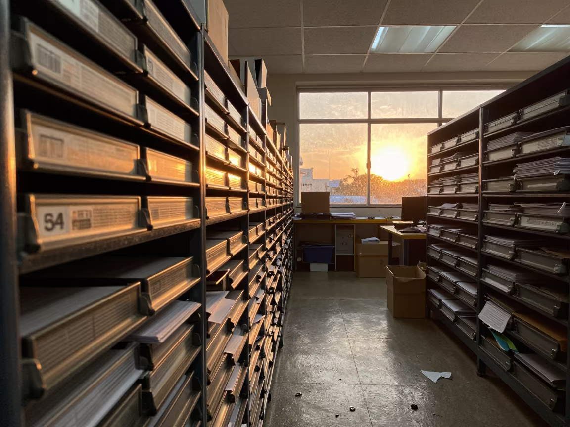 Puebla Mailroom Drawer Refill Station Evening in inside an open-plan office bay in Puebla