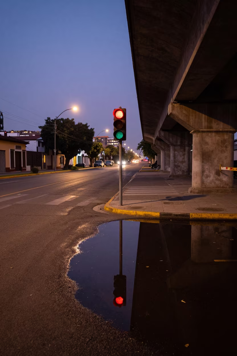 Puebla Traffic Light Reflection in Twilight Puddle in beneath a flickering underpass light in Puebla