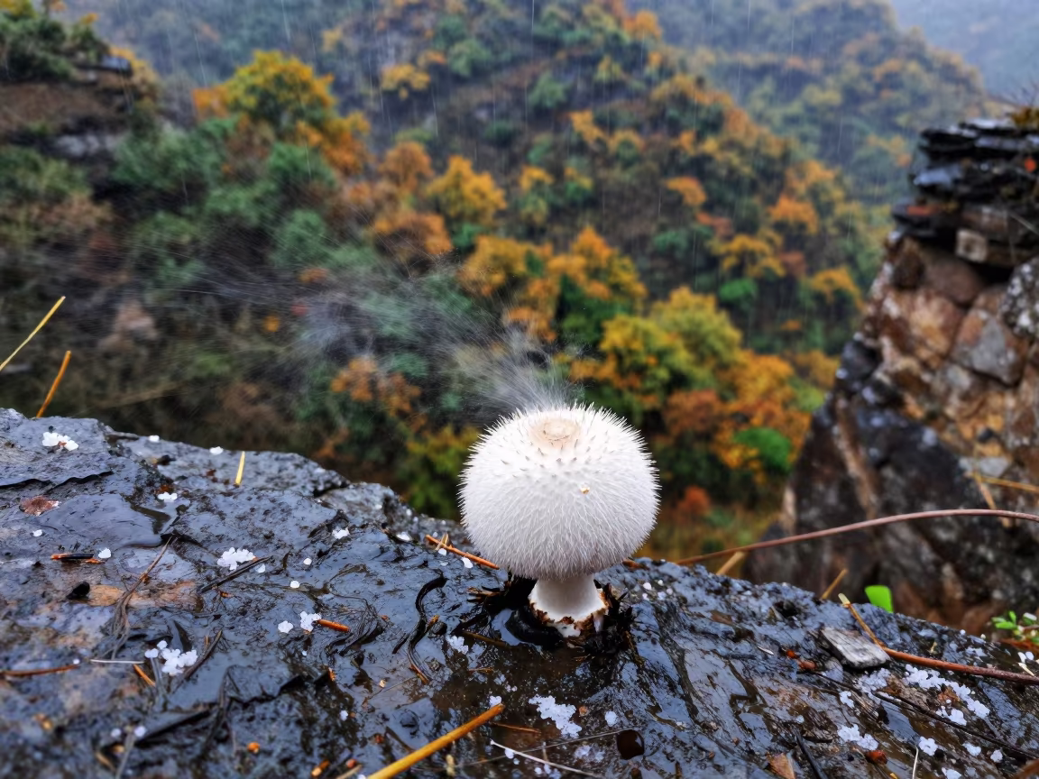 Puffball Mushroom Releasing Spores on Shaanxi Cliff in along a salt-sprayed cliff edge in Shaanxi
