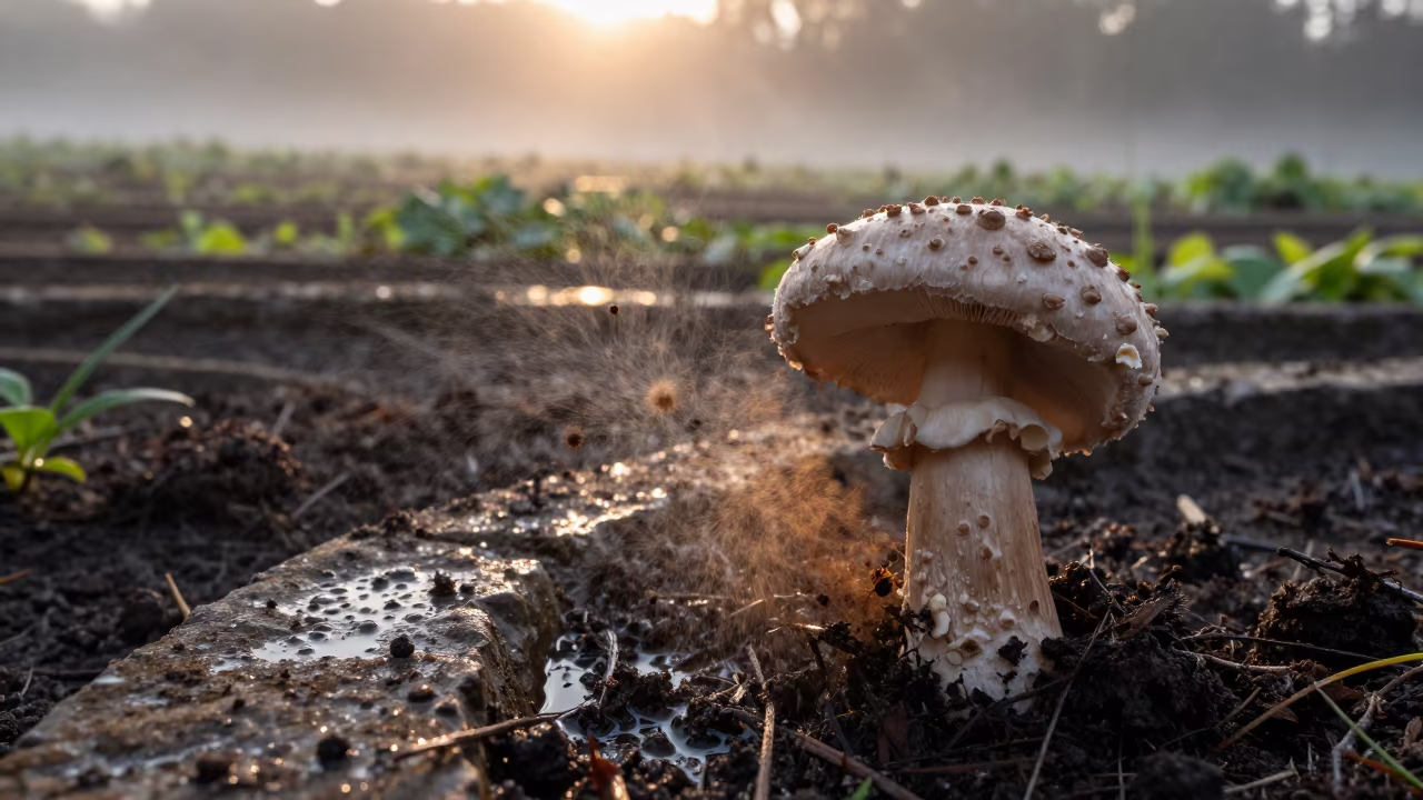 Puffball Mushroom Spores at Dawn in Bolu Garden in among terraced garden plots near Bolu