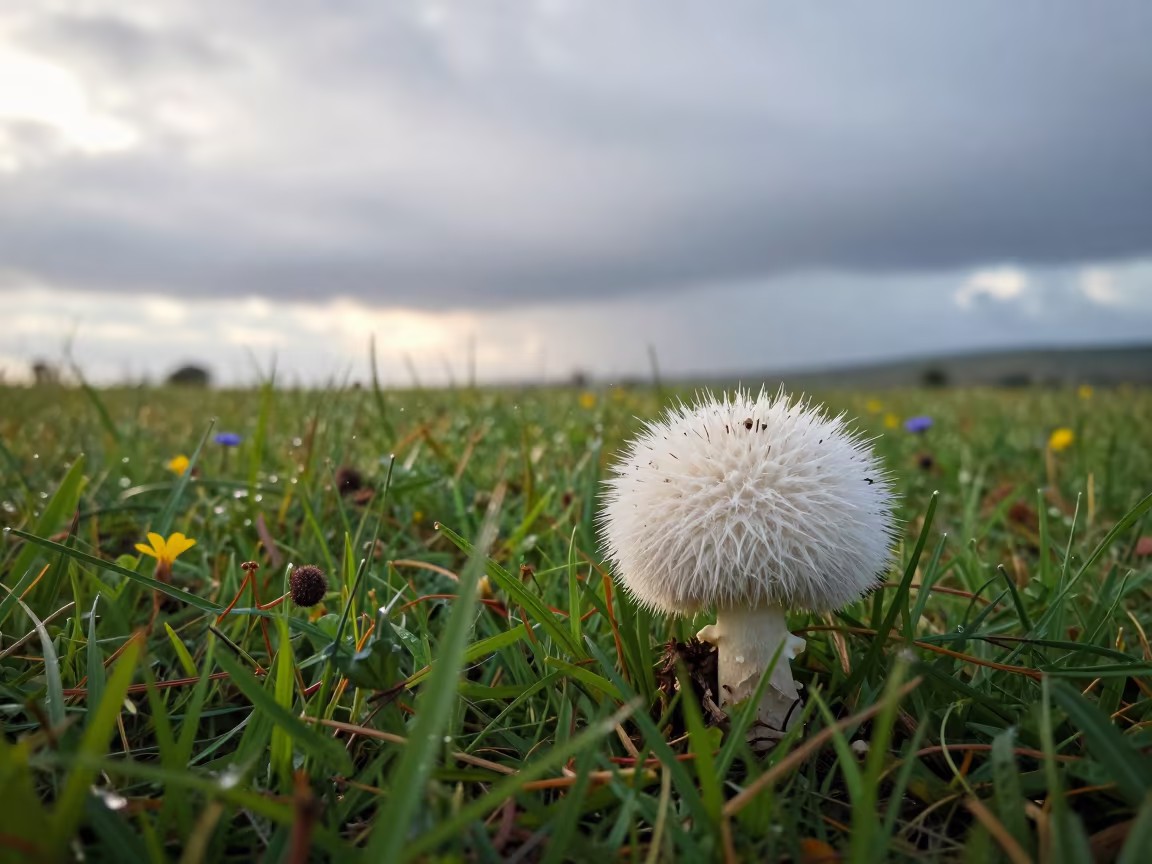Puffball Mushroom Spores Release After Rain in in a bloom-heavy meadow near Nakuru