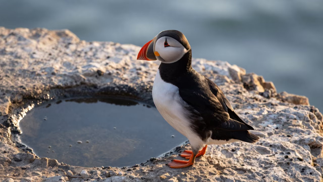 Puffin Beside Tidal Pool Morning Light Cyprus in on a wind-scoured ridge in Cyprus