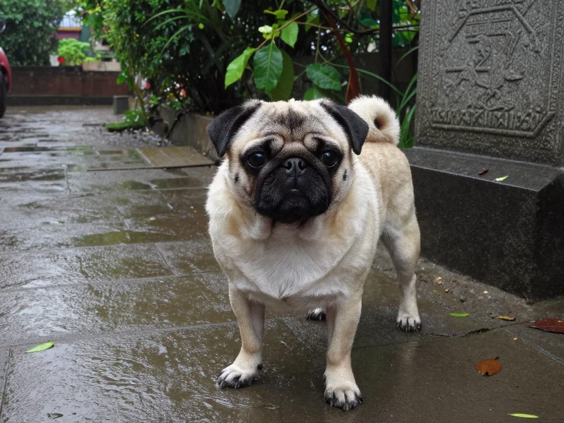 Pug on Garden Path After Rain Near Aurangabad in near a garden edge with soft morning light and an uncluttered background near Aurangabad