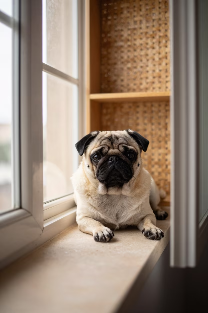 Pug on Window Seat in Bamako Apartment Midday in on a window seat in a quiet apartment with soft side light in Bamako
