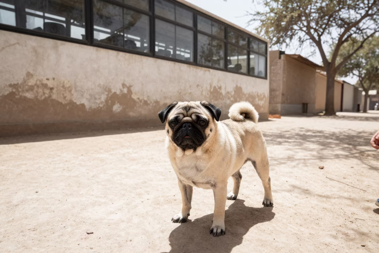 Pug Portrait Along Quiet Zaria Park Path in along a quiet park path with soft open shade and a clean background in Zaria