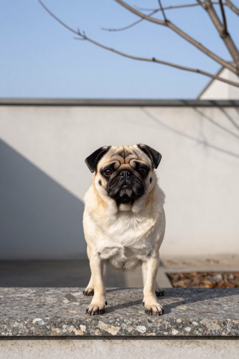 Pug Portrait Beside Courtyard Wall in Beijing Sanlitun in beside a plain courtyard wall in clear daylight with the animal at eye level in Sanlitun, Beijing