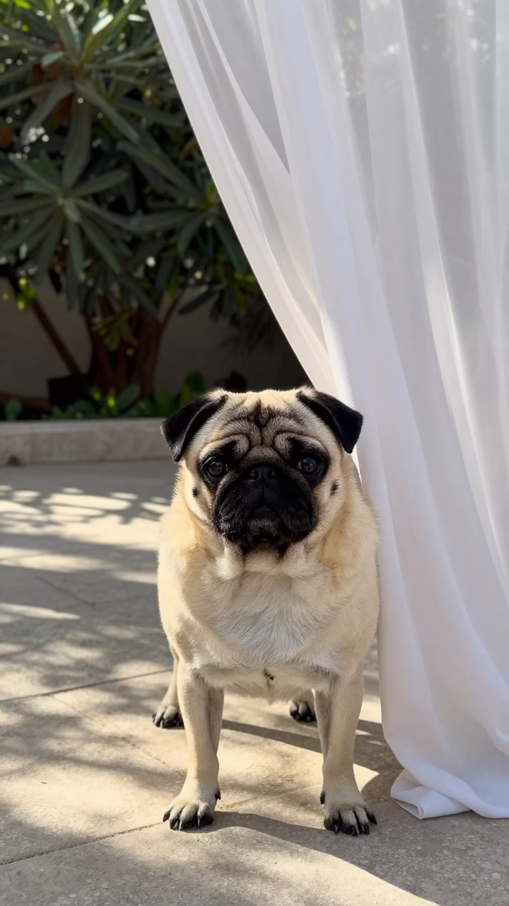 Pug Portrait in Mersin Garden Morning Light in near a garden edge with soft morning light and an uncluttered background in Mersin