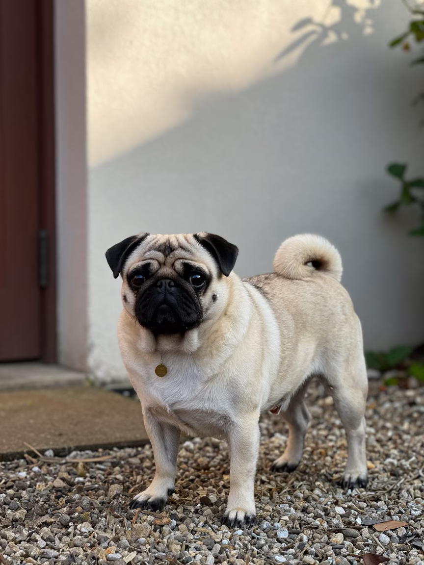 Pug Portrait in Newcastle Garden Morning Light in near a garden edge with soft morning light and an uncluttered background in Newcastle upon Tyne