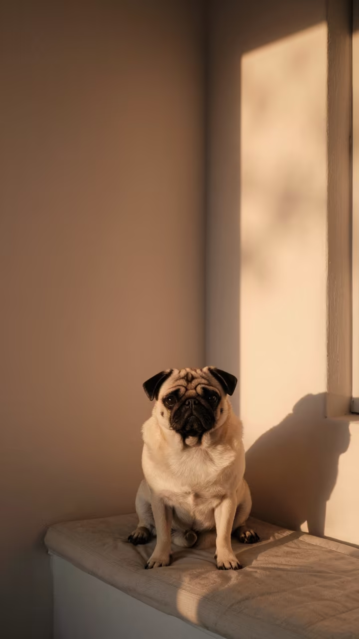 Pug Portrait on Window Seat in Santo Domingo in on a cushioned window seat with soft side light and an uncluttered background in Santo Domingo
