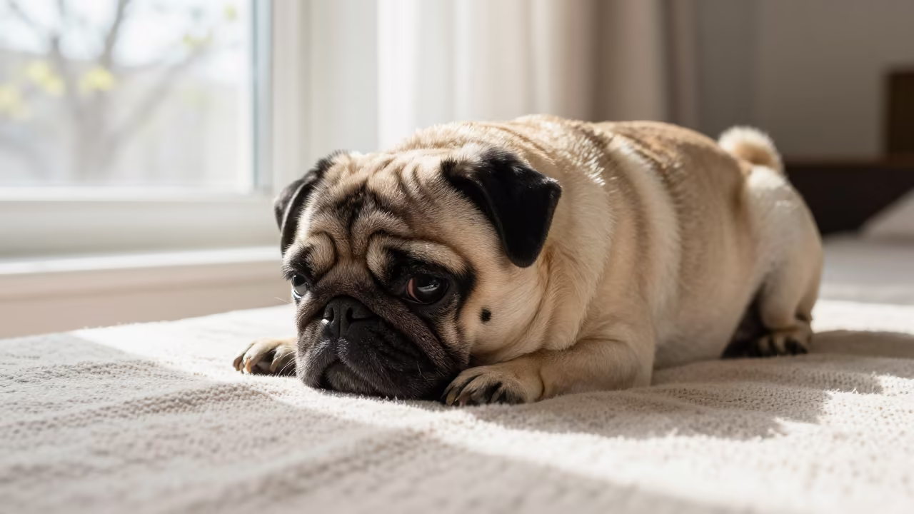 Pug Resting on Bedspread Near Window in Xian in on a bedspread near a bright window with calm indoor light in Xian