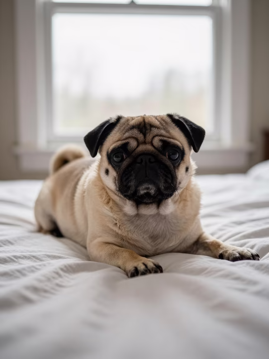 Pug Resting on Bedspread Near Window in on a bedspread near a bright window with calm indoor light near Nouakchott