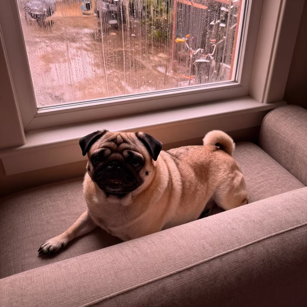 Pug Resting on Linen Sofa in León Afternoon Light in on a linen sofa with daylight from a nearby window in León de Los Aldama