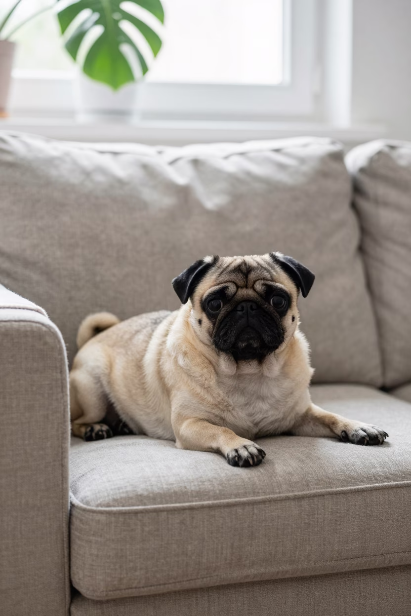 Pug Resting on Linen Sofa in Płock Daylight in on a linen sofa with daylight from a nearby window in Płock