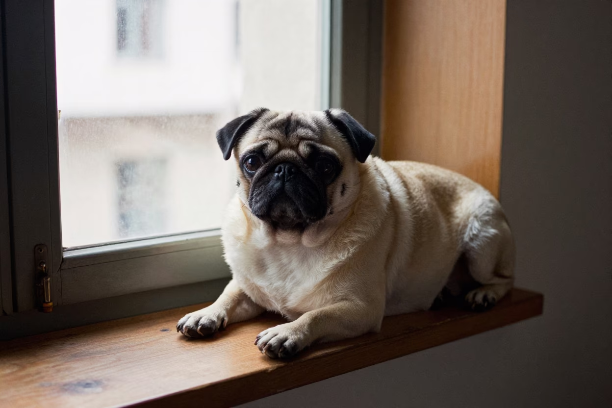 Pug Resting on Window Seat in Faisalabad Home in on a window seat in a quiet apartment with soft side light near Faisalabad