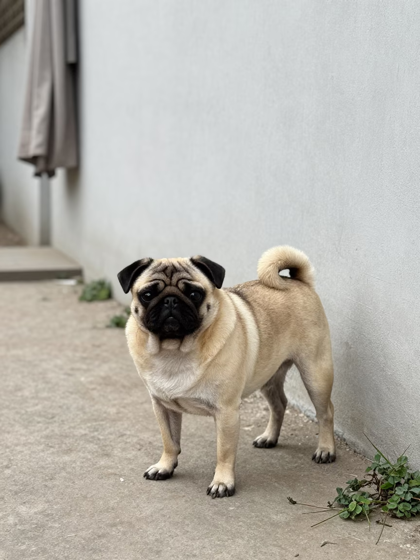 Pug Standing on Quiet Park Path Beside Wall in beside a plain courtyard wall in clear daylight with the animal at eye level in Greater Noida