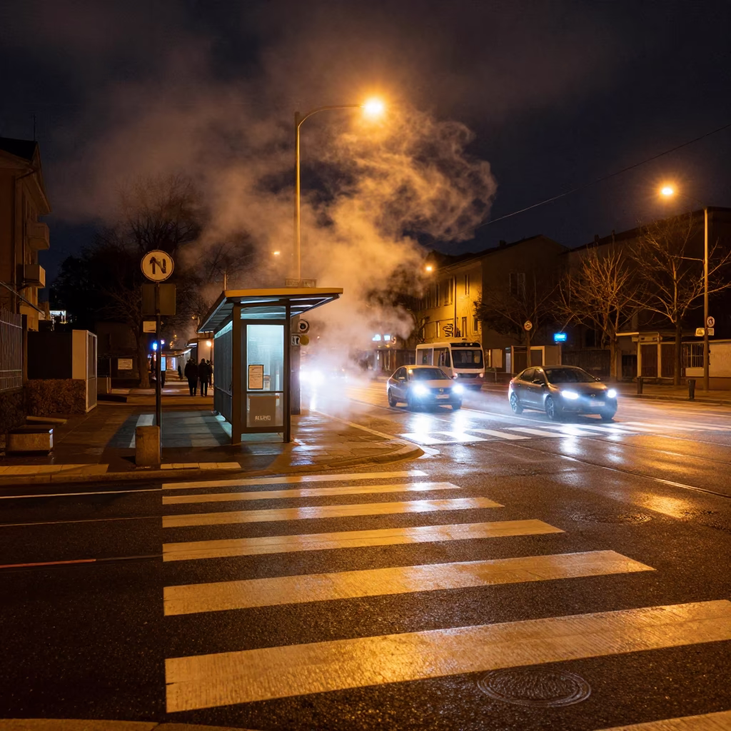 Pula Tram Stop Crosswalk Night Steam in at a tram stop in Pula