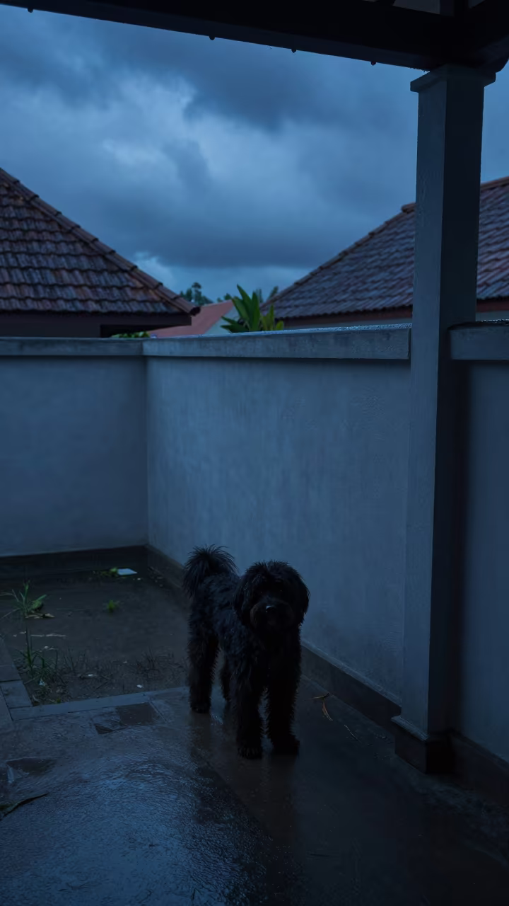 Puli Dog on Porch Under Blue Hour Twilight in beside a plain courtyard wall in clear daylight with the animal at eye level in Yogyakarta
