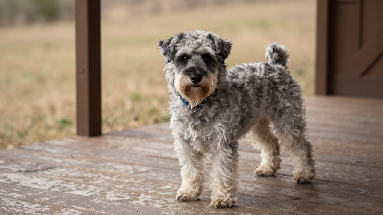 Puli dog on shaded Castilla porch dry season in along a quiet park path with soft open shade and a clean background in Castilla