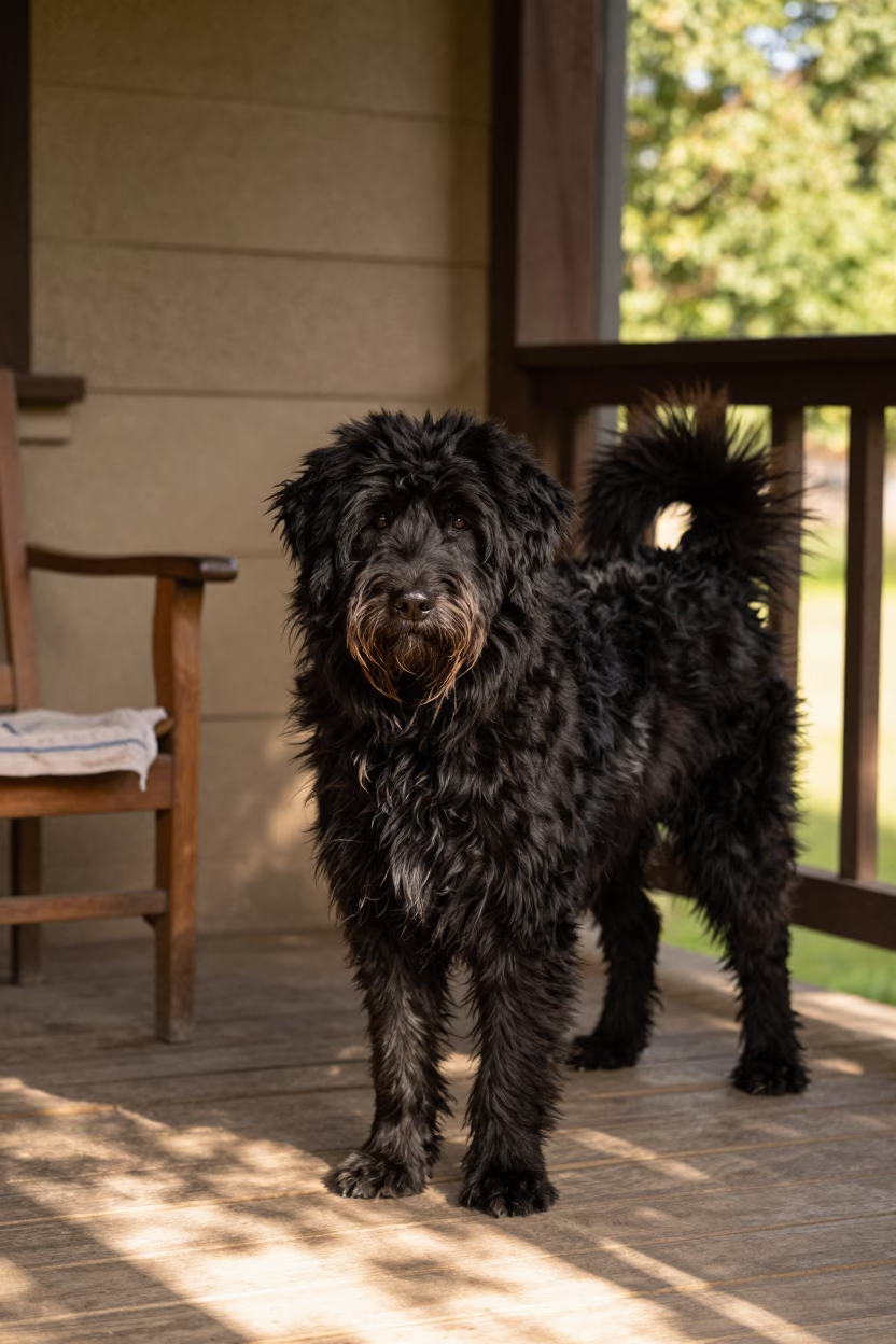 Puli Dog on Shaded Freiburg Porch in on a shaded front porch with boards, railings, and eye-level framing in Freiburg