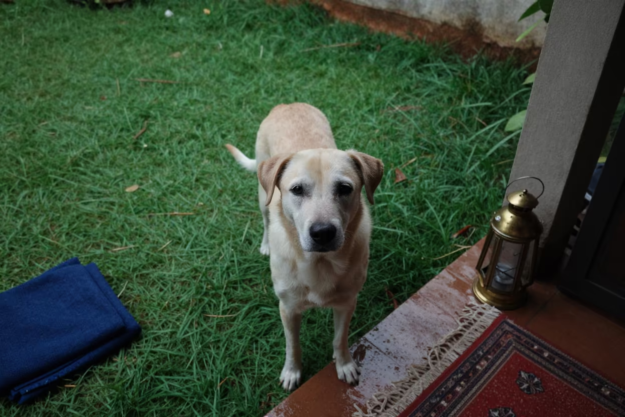 Puli Dog on Shaded Porch in Bangalore Rainy Season in in a small yard with clipped grass, calm light, and the animal centered in frame in Bangalore