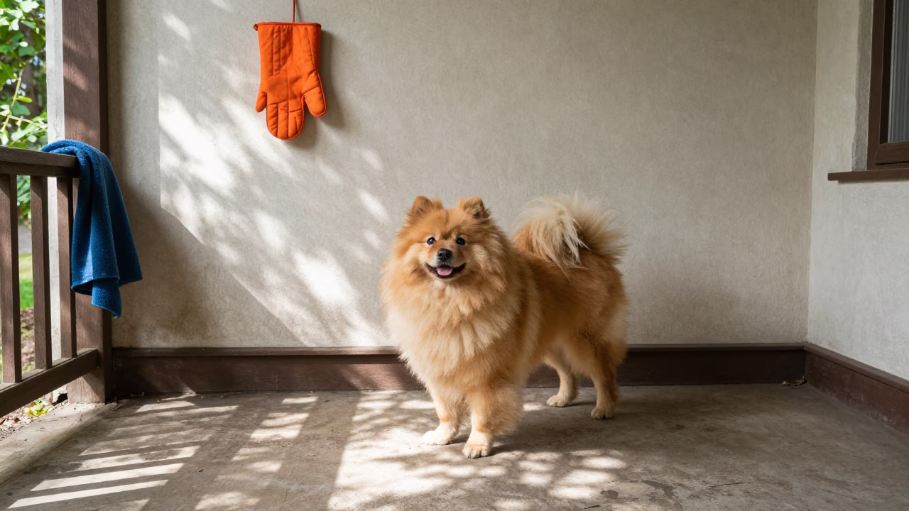 Puli Dog on Shaded Porch in Rudny Courtyard in beside a plain courtyard wall in clear daylight with the animal at eye level in Rudny