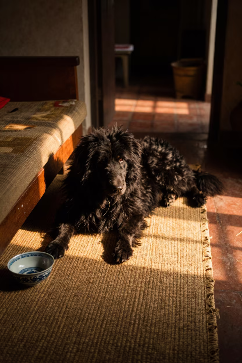 Puli Dog on Woven Rug in Hanoi Home in on a woven rug beside a low couch and an uncluttered wall in Old Quarter, Hanoi