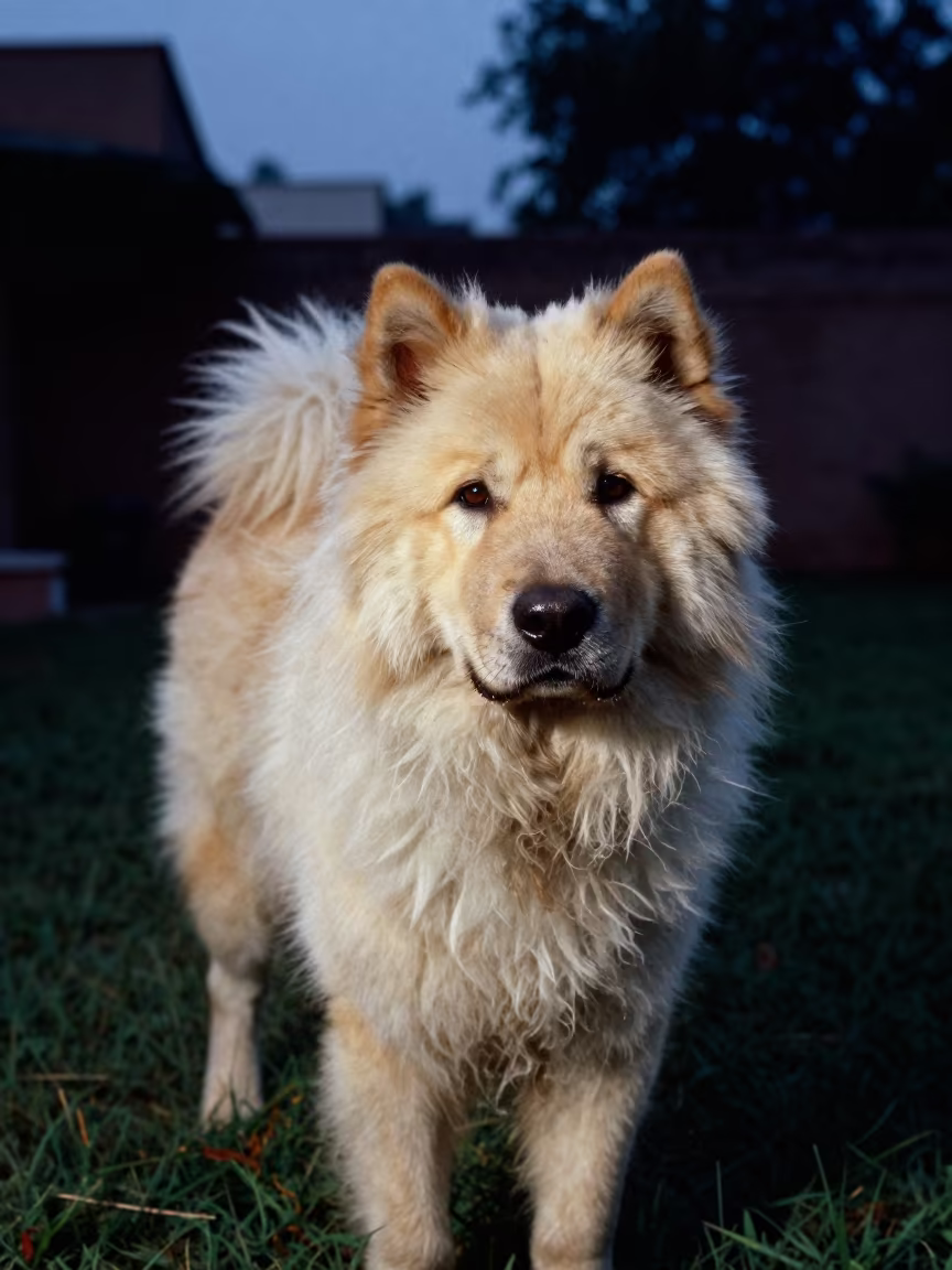 Puli Dog Portrait in Indigo Twilight Bhopal in in a small yard with clipped grass, calm light, and the animal centered in frame in Bhopal