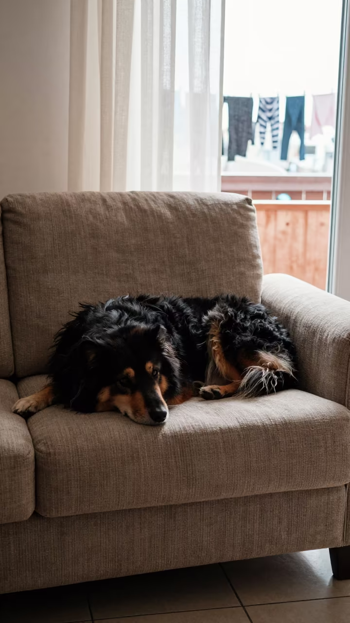 Puli Dog Resting on Linen Sofa in Yekaterinburg in on a linen sofa with daylight from a nearby window in Yekaterinburg