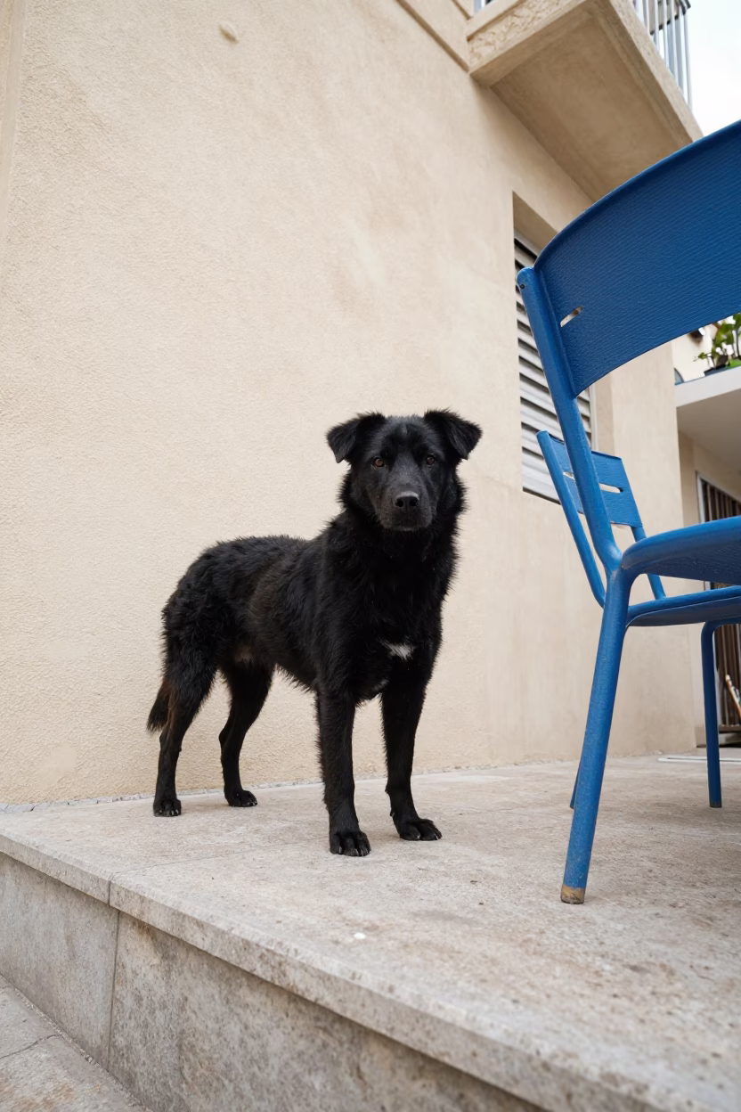 Puli Portrait in Haifa Courtyard Late Spring in beside a plain courtyard wall in clear daylight with the animal at eye level near Haifa