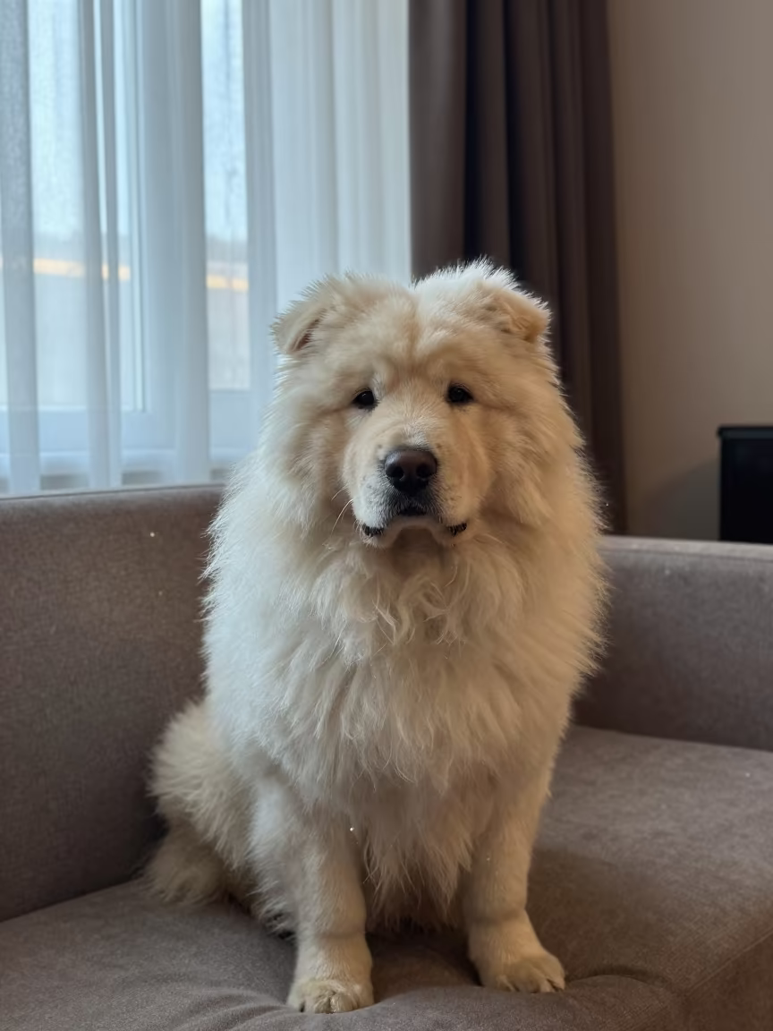 Puli Portrait with Corded Coat on Sofa in on a sofa near a curtained window with calm indoor light in Iğdır