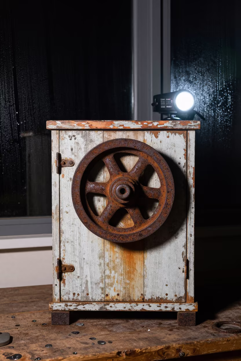 Pulley on Weathered Cabinet in Taranto Night in on a wooden workbench in Taranto