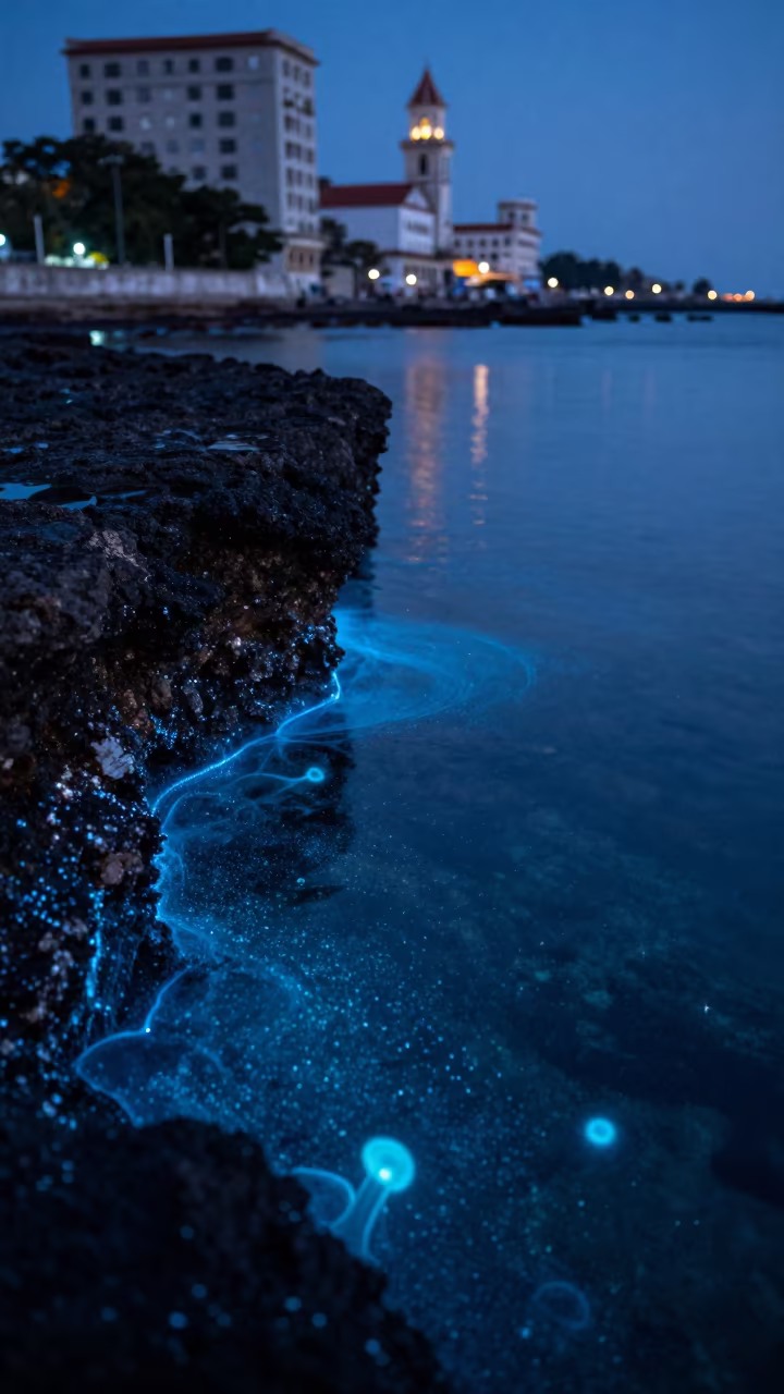 Pulsing Bioluminescence in Havana Tide Pool in beside a tide-cut rock ledge under clear water in Centro Habana, Havana