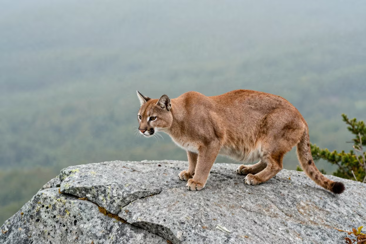 Puma Crouching on Boulder Late Summer Ridge in on a wind-scoured ridge in Massachusetts