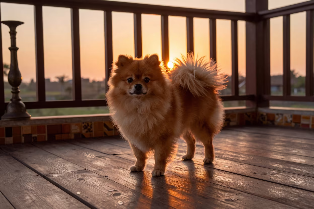 Pumi Dog on Shaded Assela Porch at Sunset in on a shaded front porch with boards, railings, and eye-level framing near Assela
