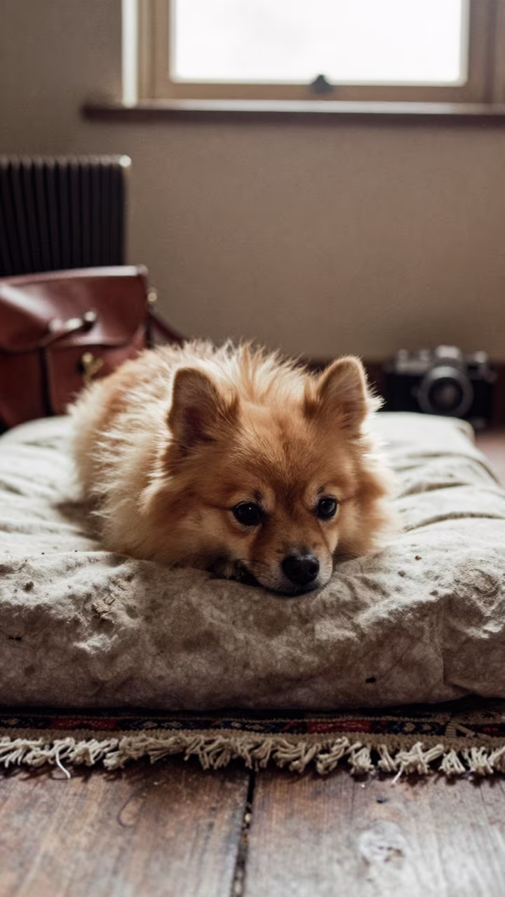 Pumi Dog Resting on Bedspread Near Window in on a bedspread near a bright window with calm indoor light near Addis Ababa