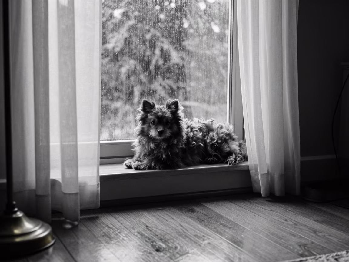 Pumi Dog Resting on Window Seat in Livingstone Apartment in on a window seat in a quiet apartment with soft side light near Livingstone