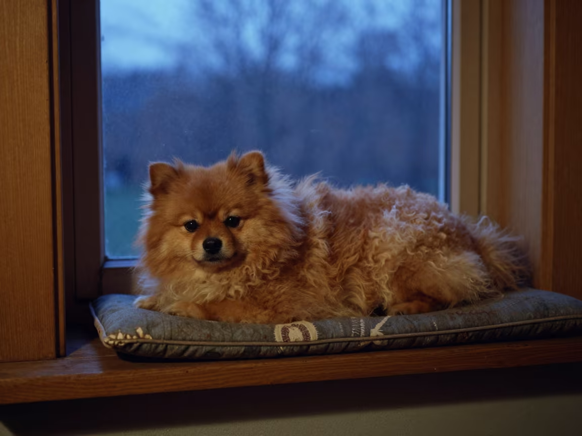 Pumi Dog Resting on Window Seat Twilight in on a window seat in a quiet apartment with soft side light in Moshi