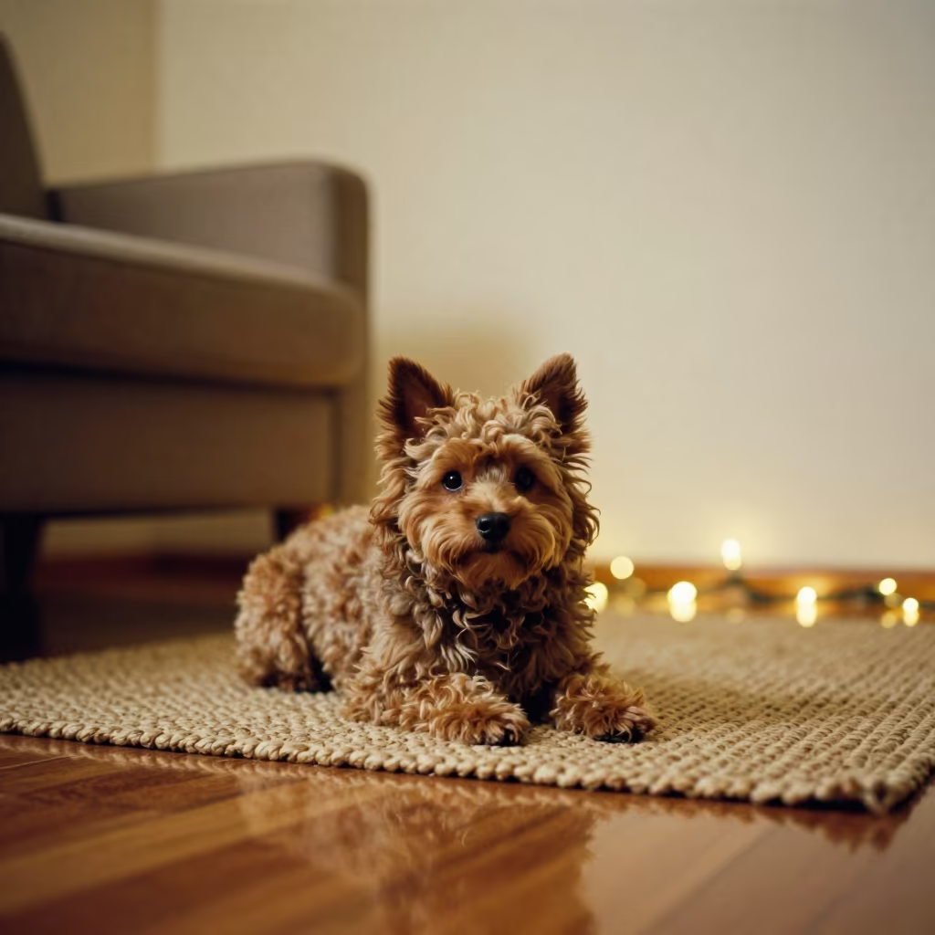 Pumi Dog Resting on Woven Rug by Couch in on a woven rug beside a low couch and an uncluttered wall near Regina