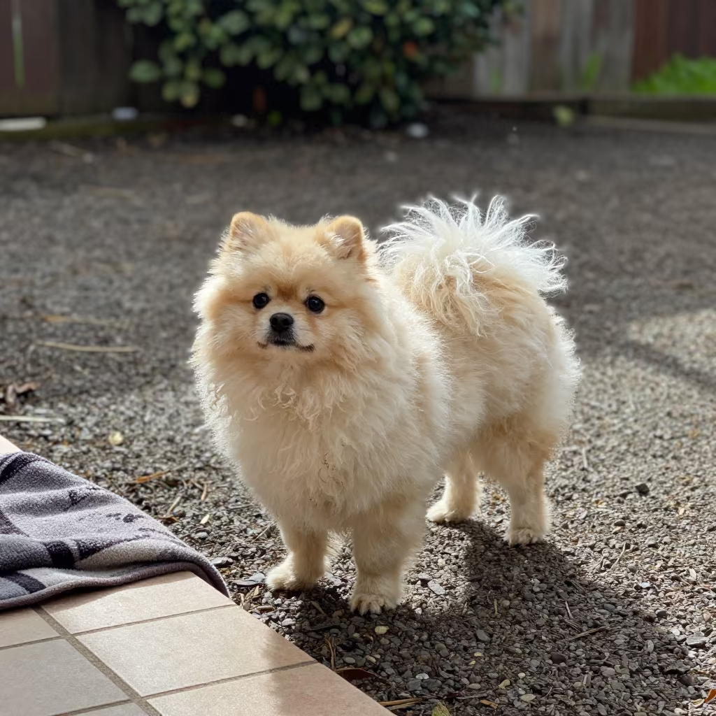 Pumi Dog Standing Quietly on Garden Path in near a garden edge with soft morning light and an uncluttered background in Livingstone