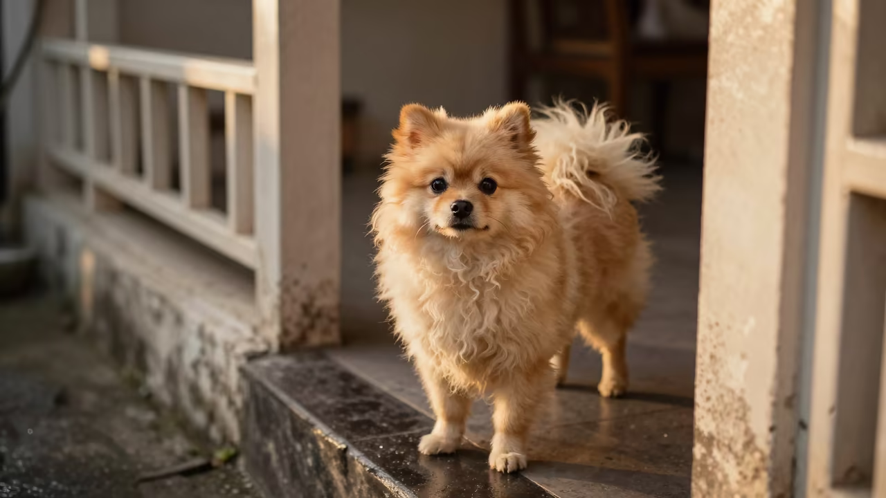 Pumi Portrait on Shaded Porch in Denpasar in on a shaded front porch with boards, railings, and eye-level framing in Denpasar