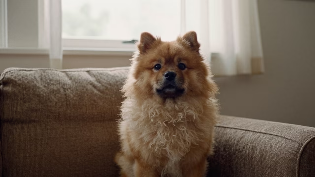 Pumi Portrait on Sofa Near Curtained Window in on a sofa near a curtained window with calm indoor light in Bendigo