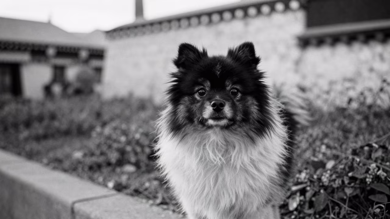 Pumi Portrait With Wavy Coat In Lhasa Morning Light in near a garden edge with soft morning light and an uncluttered background near Jokhang Square, Lhasa